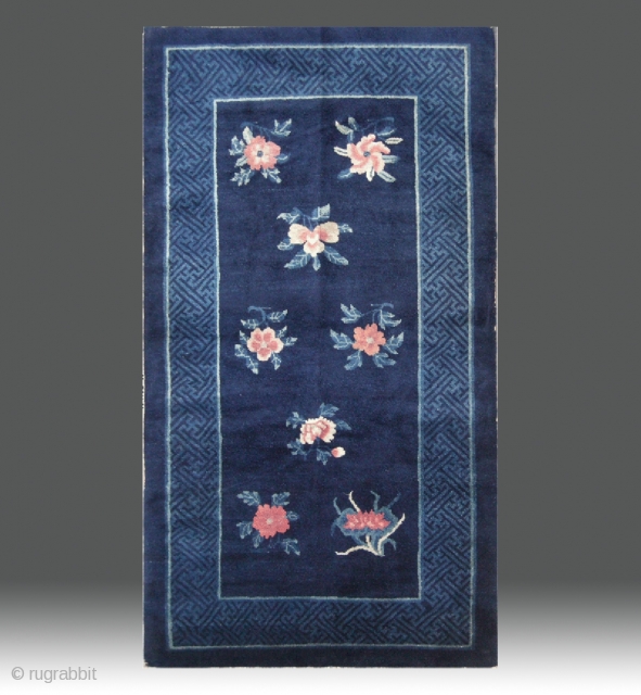 No.R173 * Chinese Antique "Flowers Design" Rug. Age:19th Century. Size:94x179cm(37"x70"). Origin:Baotou. Shape:Rectangle. Background Color:Blues.                   