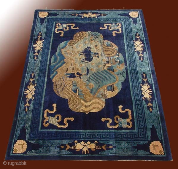 No.R081 * Chinese Antique Rug-(4'6"x6'10") .
Origin: Baotou Shape: Rectangle. 
Age: Late 19th Century. 
Size:  136 x 209cm (4'6"x6'10") 
Material: 100% Wool Woven: Hand-knotted 
Background Color: Blues.
 
The the picture in the  ...