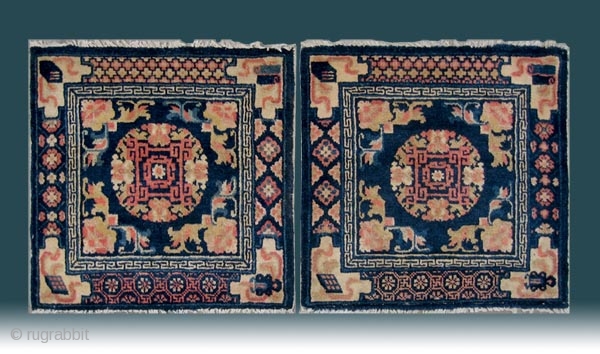 No.R141 * Chinese Antique Ningxia Mat-Rug,Age: 19th Century Size: 70x70cm( 28" x 28" )x2. Origin: Ningxia Shape: Square.Background Color: Blues.             