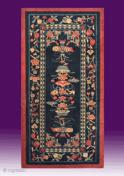 No.D056 * Chinese Antique "Vase Design" Rug,Size: 66x132cm(26"x52").Origin: Baotou.Shape: Rectangle.Background Color: Blues                     