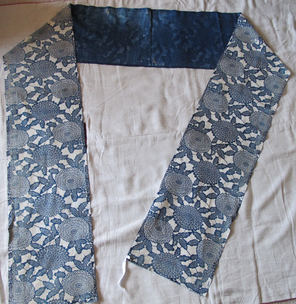 Japanese indigo resist-dyed long cotton textile strip (almost 12 feet ...