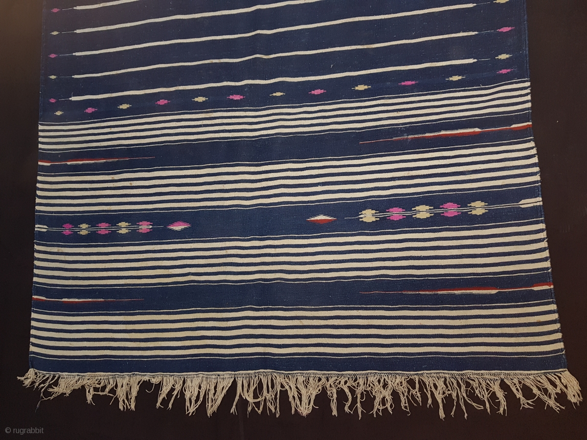 Indigo Blue,Jail Dhurrie(Cotton)Blue-White striped with mahi motif ...