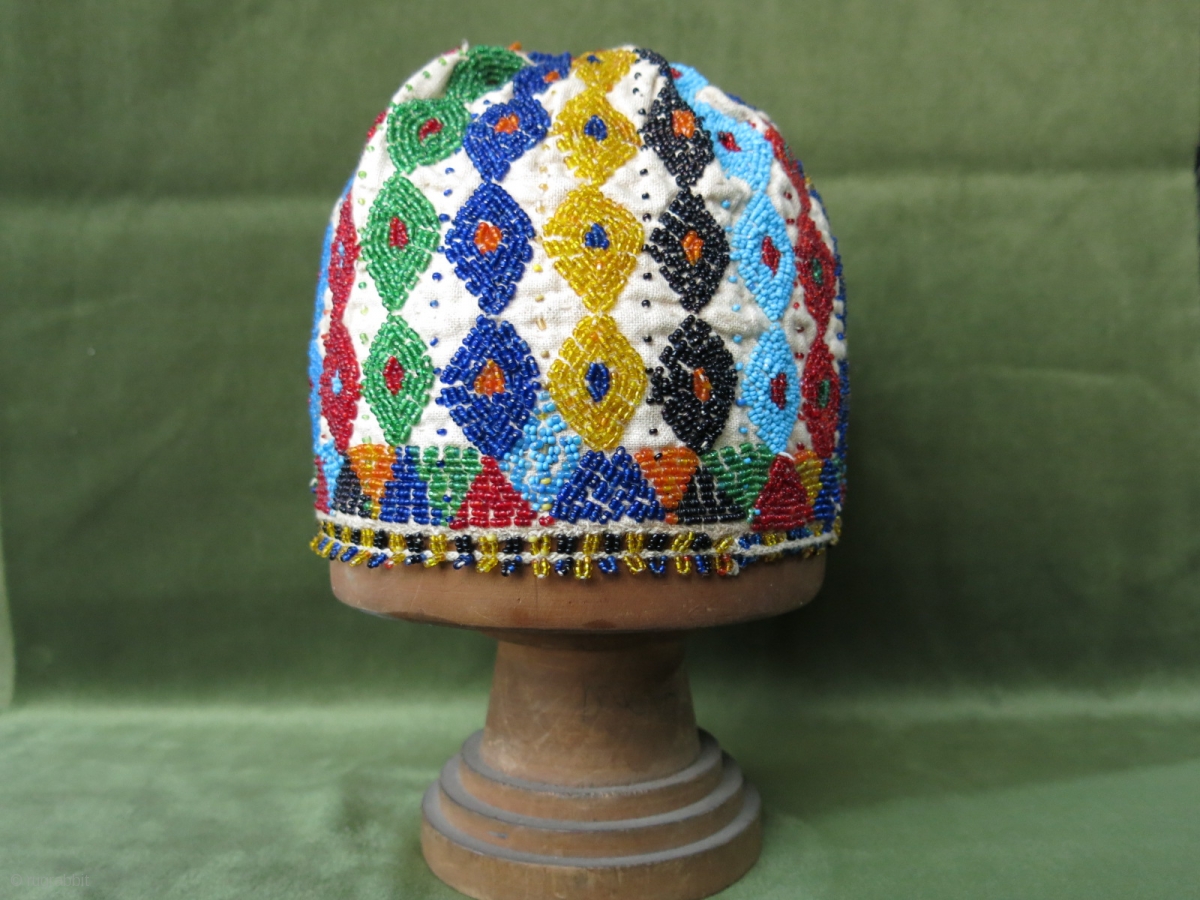 Turkish Kutahya region glass beaded and embroidered hat with tiny