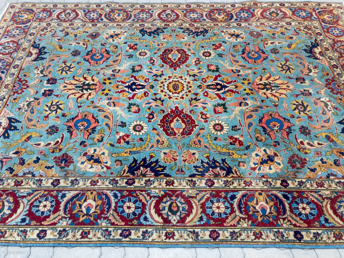 Download Fine antique Persian Tabriz carpet, beautiful sky blue ground color. age: circa 1920. Size: ca ...