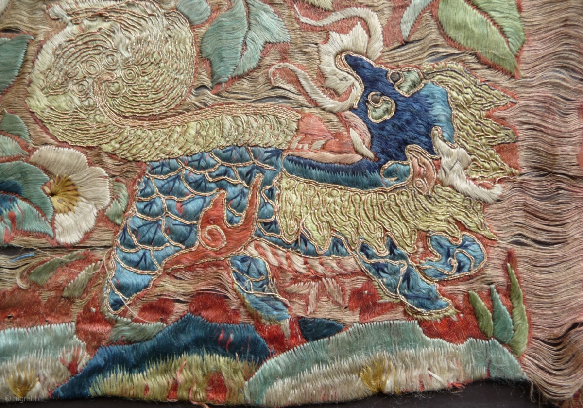 embroidered sik panel depicting a phoenix and a qilin (chinese unicorn