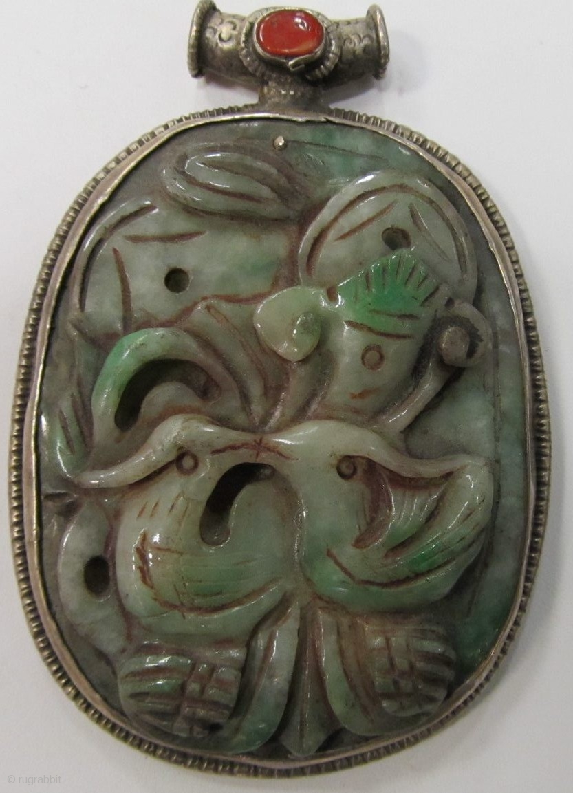 Double sided Carved Jade and Silver Pendant | rugrabbit.com