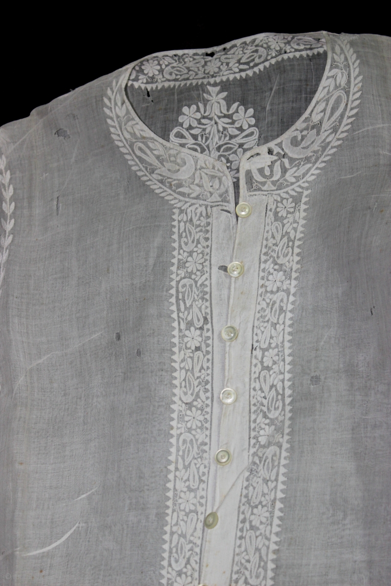 A Collectable extremely rare cotton (mulmul) chikan embroidery Angrakha ...