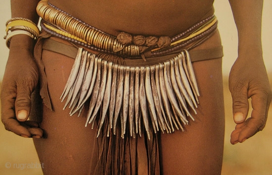 Pikuran, cache-sexe, Kirdi peoples, Mandara Mountains, Cameroon. Iron,  leather The row of spikes is 6.5" (