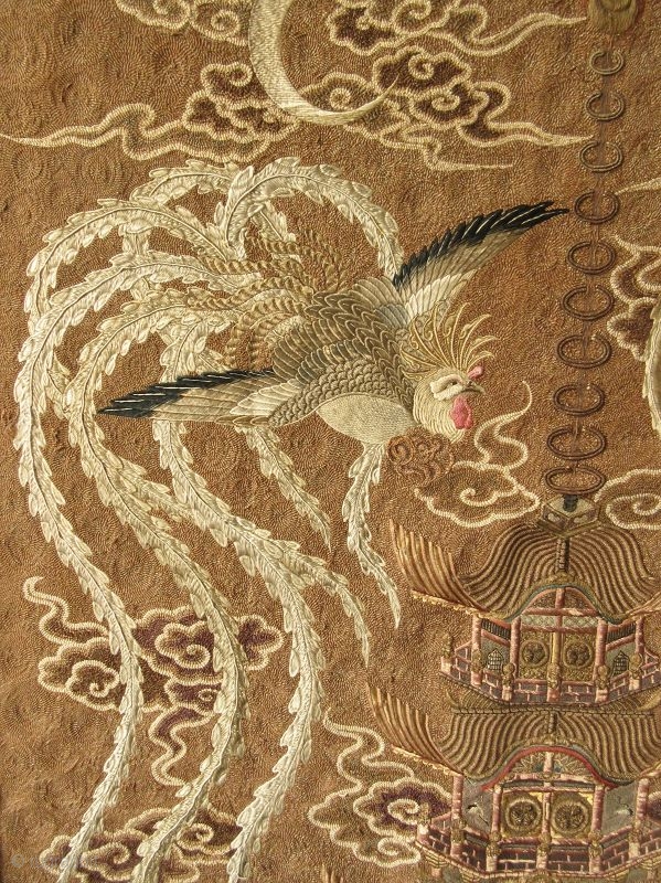 Japanese Meiji Tokugawa Rope Embroidery on Silk of Two Phoenixes
