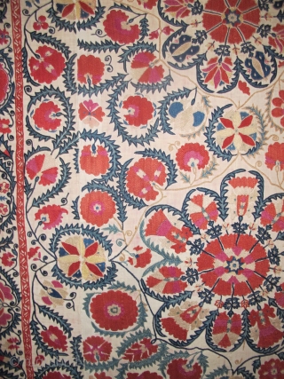 Bokhara Suzani 2.46m x 1.59m (8'1" x 5'2"), circa 1850 or earlier. Beautiful quality, very good condition. Original lining intact.
SOLD -Thanks.            