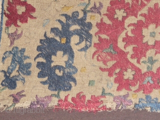 Fragment from an Algerian Embroidery, 37cm x 35cm excluding the frame, 18th century, silk embroidery on linen, expressively drawn. Price is £350 plus shipping.         