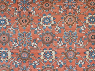 Mina Khani Design Bidjar kellei, 19th century, 3.56m x 1.70m, 11'9" x 5'6". Very good colour, especially the terracotta background, yellows, light blues and abrashed green. Crisply drawn and well-spaced design. Woollen  ...