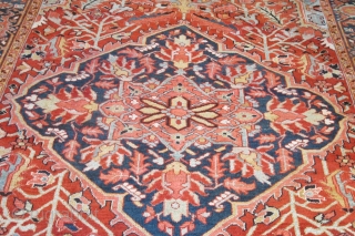 Pristine antique Heriz Carpet 3.48m x 2.30m. Fine weave, wonderful colours and beautifully drawn. The condition is excellent.               