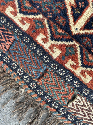 19th century Khamseh Bagface. Great wool and natural dyes. Excellent condition. The dimensions are 71cm x 56cm. More pictures available on request. My email address is anejad@talktalk.net. 
www.aaronnejad.com
     