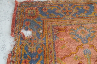 Very pretty Oushak carpet...the pile is not bad, but there are issues... 3.30m x 2.73m (10'11" x 9'). Been in my dusty corner too long...$1000 plus shipping.      