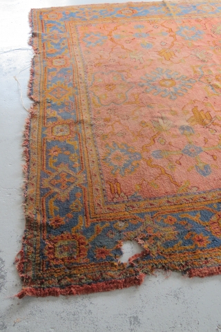 Very pretty Oushak carpet...the pile is not bad, but there are issues... 3.30m x 2.73m (10'11" x 9'). Been in my dusty corner too long...$1000 plus shipping.      