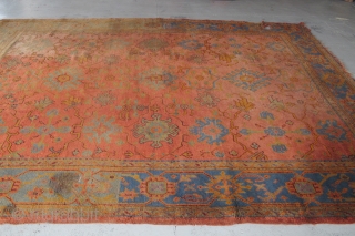 Very pretty Oushak carpet...the pile is not bad, but there are issues... 3.30m x 2.73m (10'11" x 9'). Been in my dusty corner too long...$1000 plus shipping.      