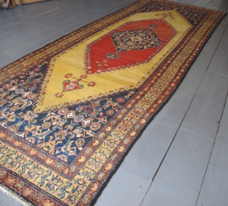 Kurdish Long Rug, 4.00m x 1.51m, dated circa 1910 (1230). Stunning saffron yellow field. Excellent condition. SOLD THANKS               