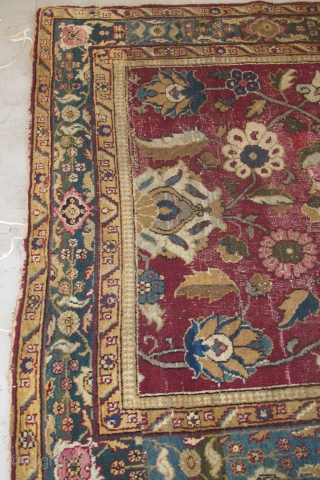 I have just re-discovered this beautiful Indian carpet in my dusty corner. Size is 3.05m x 1.38m (10' x 4'6"). The red is probably a corrosive red dye, reduced in length. But  ...