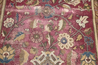 I have just re-discovered this beautiful Indian carpet in my dusty corner. Size is 3.05m x 1.38m (10' x 4'6"). The red is probably a corrosive red dye, reduced in length. But  ...