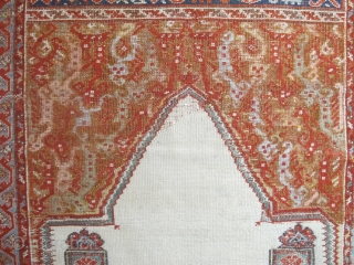 Giordes Prayer Rug, 1.71m x 1.28m, circa 1700, or earlier. Beautifully drawn elements, the design is perfectly balanced. Rare white field, funky spandrels and a really pretty main border. Note the lazy  ...