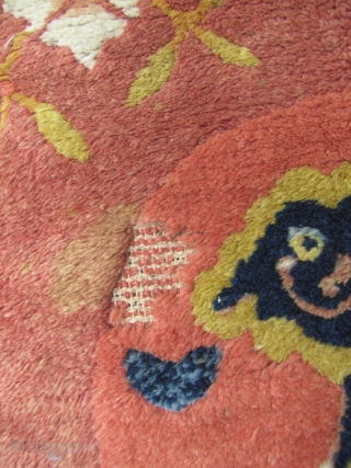 Ningxia Carpet: Good circa late 19th/early 20th ce, Ningxia Tibetan Buddhist temple runner with two playful female “foo dogs” and pup, medallions, representing the nurturing aspect of the Yin principle, against an  ...