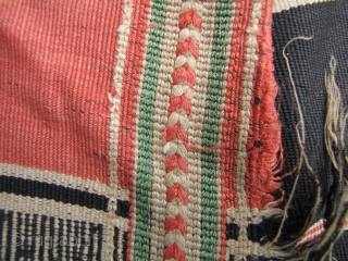 Naga Body Cloth: Old and rare Angami Naga shamilami design, three paneled wrap woven by the Meitei of the Manipur State of India and used as a trade/tribute cloth to the Nagas.  ...