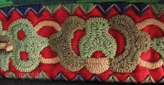 Miao Taigong Embroidered Panels: Stunning pair of green dragon motif sleeve panels from the Taigong Miao community Guizhou, China. These were acquired in Beijing about 15 years ago and are mounted on  ...