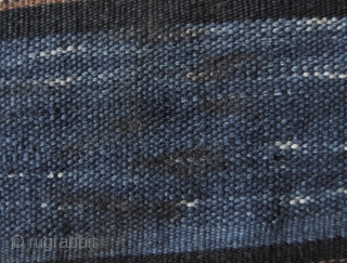 China: Exceptionally fine and rare three paneled ikat blanket from the Li people of Hainan Island, Southwest China. The lighter wide indigo bands consists of a coarse warp fiber most likely linen  ...