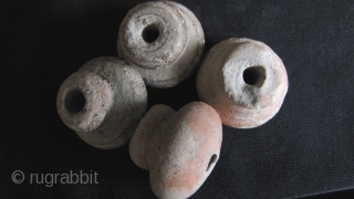Dong Son Bells and Beads: Eclectic collection of small Dong Son Culture (1000BCE-100CE),bells, clay spindle whorls and beads made of fossilized Crinoid stems. There are 7 bells (3 in fair to good  ...
