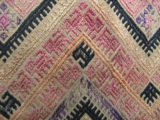 Bouyi Blanket: Lovely Bouyi child’s blanket panel circa first half 20th century, with rare “dog meander” pattern bands outlining the central diamond medallions. Some minor loss to silk supplementary embroidery- otherwise good  ...