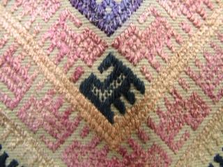 Bouyi Blanket: Lovely Bouyi child’s blanket panel circa first half 20th century, with rare “dog meander” pattern bands outlining the central diamond medallions. Some minor loss to silk supplementary embroidery- otherwise good  ...