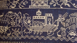 Rare Zhuang Cross Stitch Silk Embroidery on indigo hand span cotton on an ivory hemp.  1.56 x 0.48 M.  Zhuang Minority group China
.   late19th Century.   
 