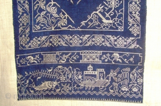 Rare Zhuang Cross Stitch Silk Embroidery on indigo hand span cotton on an ivory hemp.  1.56 x 0.48 M.  Zhuang Minority group China
.   late19th Century.   
 