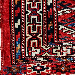 Inscribed and dated Göklan Yomut, West Turkestan 154x104 cm.
A late example with synthetic dyes and conservation problems, but very elegant and rare because of its inscription that says: " this small rug  ...