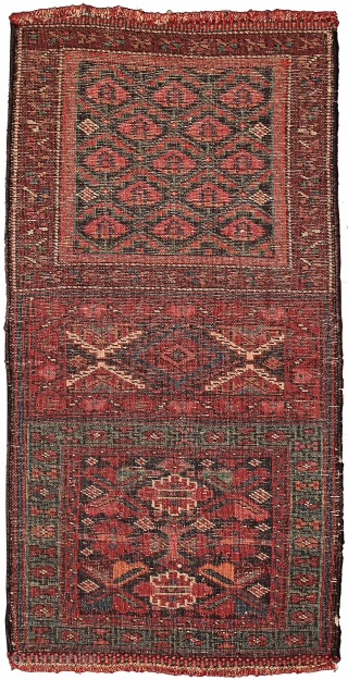 Pile double khorjin face, Sanjabi Kurds, Northwest Persia, Circa 1880, 75 x 38 cm (29.5 x 15 in.) 

Knot count:	19 H x 13 V = 247 kpsi.
Colours:	copper, pinkish red, rose, light blue,  ...