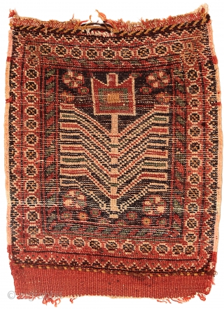 Pile bag face, Afshar tribe, Southern Persia, Circa 1900, 43 x 35 cm (17 x 14 in.) 
Knot count:	8 H x 9 V = 72 kpsi.
Colours:	brick red, dark blue, yellow, emerald green,  ...