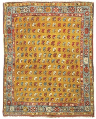 Yatak with stylised carnations
Çal area, Menderes Valley
Southwest Anatolia
circa 1830
191 x 160 cm (6’3” x 5’3”) 
Alg 1244
symmetrically knotted wool pile on cotton warps and wool wefts. 
From the Turkish word for ‘bed’,  ...