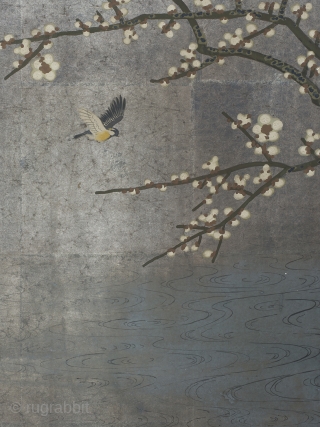 A lovely two panel silver leaf screen, circa 1860. 90cm wide x 75cm tall (36 x 30 inches)

The small bird flies low above a river, a simple wash of colour blended into  ...