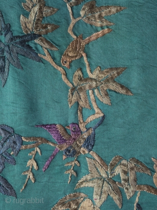 Unusual Chinese "100 birds" silk embroidery dating to late 19th century. The execution is charming and playful in a way we haven't seen on any other examples and the green ground is  ...