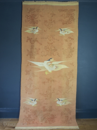 Antique Mongolian Gansu tapestry


The most beautiful and unusual double sided kilim tapestry. 276cm x 117cm.


Featuring woven Taoist cranes and block printed decorative elements over the most astonishingly attractive ombre pink/coral/orange background. The  ...