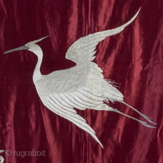 Very rare 19th century Japanese red silk Fukusa. 132cm/52 inch square.

An exceptionally decorative and well preserved piece. The central crane is beautifully drawn and executed; rendered in monotone silk, it's form delineated purely  ...