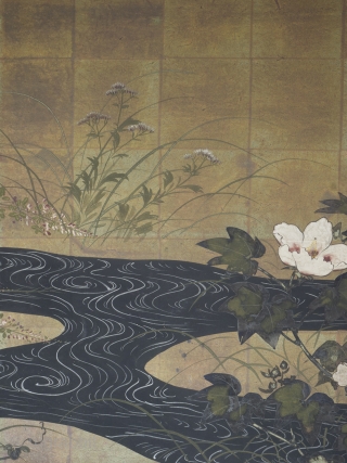 A Rinpa school 4 leaf byobu, mineral pigments and gofun on gold leaf ground. 184cm x 69cm (72.4 x 27 inches). Beautifully drawn and executed, the well balanced composition featuring chrysanthemums and grasses  ...