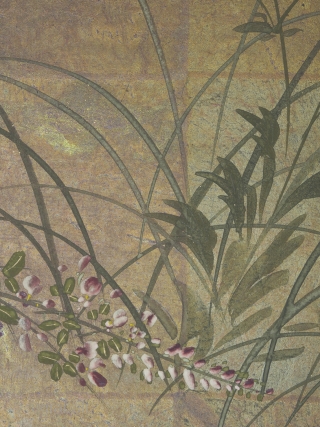 A Rinpa school 4 leaf byobu, mineral pigments and gofun on gold leaf ground. 184cm x 69cm (72.4 x 27 inches). Beautifully drawn and executed, the well balanced composition featuring chrysanthemums and grasses  ...