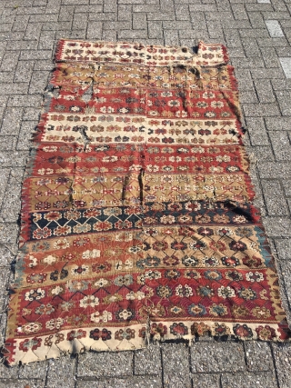 Early 19th century Anatolian kilim. Great colors and drawing, clean, but sides and ends reduced. Remaining field generally in good condition. As is, or can be attractively divided in several panels for  ...