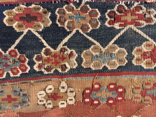 Early 19th century Anatolian kilim. Great colors and drawing, clean, but sides and ends reduced. Remaining field generally in good condition. As is, or can be attractively divided in several panels for  ...