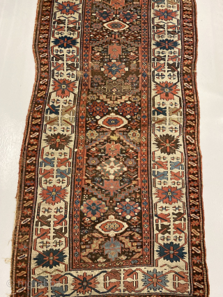 Early Kurdish kelleh, Sauj Bulagh? Size 352 x 90 cm. Excellent saturated colors, nice old purple. Interesting rendition of the border. Top worn. Contact me at alexanderbakker@flairforflavor.com.      