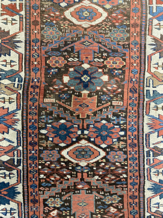 Early Kurdish kelleh, Sauj Bulagh? Size 352 x 90 cm. Excellent saturated colors, nice old purple. Interesting rendition of the border. Top worn. Contact me at alexanderbakker@flairforflavor.com.      