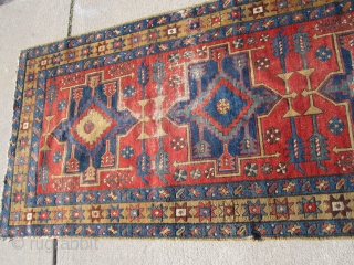 antique karaja heriz runner measuring 3' 2" x 10' 7" great colors solid rug no dry rot clean some wear few old moth bite here and there one dime size repair as  ...