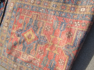 antique karaja heriz runner measuring 3' 2" x 10' 7" great colors solid rug no dry rot clean some wear few old moth bite here and there one dime size repair as  ...